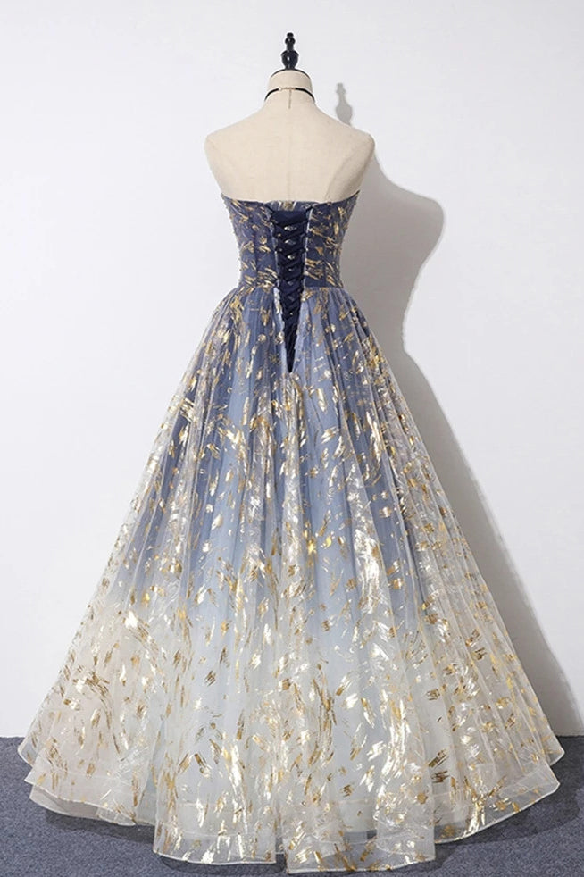 Strapless Blue Floral Print Tulle Long A Line Prom Dress, Graduation D Strapless Blue Floral Print Tulle Long A Line Prom Dress, Graduation D