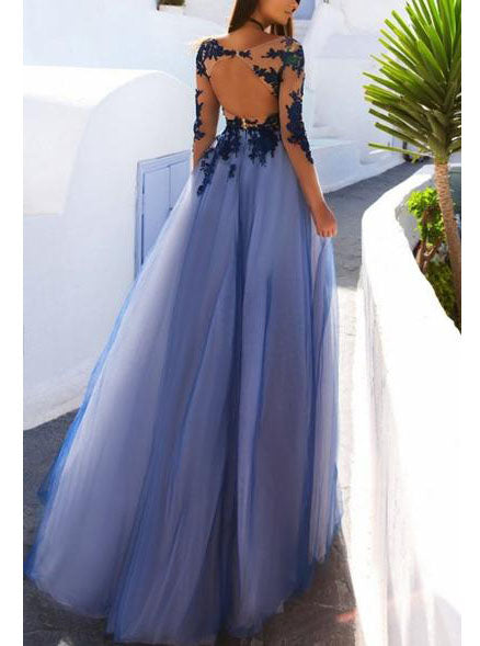 Long Sleeve Prom Dresses With Open Back Open Back See Through Blue