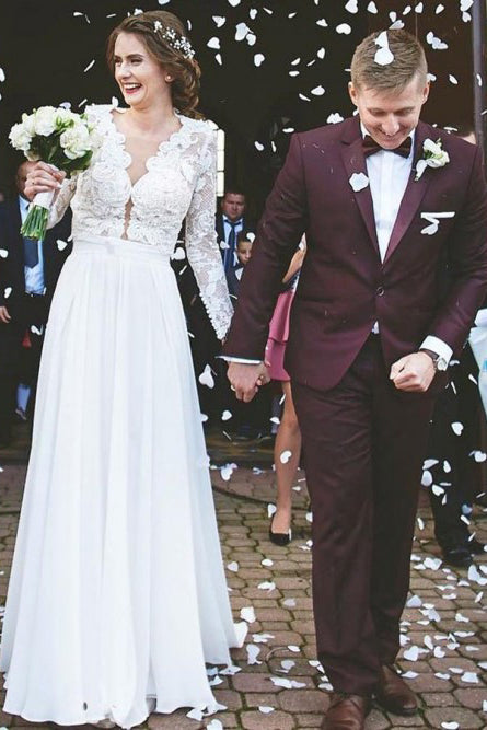 Modest A-Line V-Neck Long Sleeves Lace Chiffon Wedding Dress OW352 Modest A-Line V-Neck Long Sleeves Lace Chiffon Wedding Dress OW352