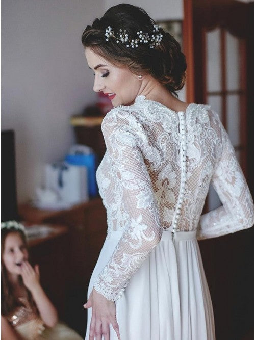 chinese dress ladies Wedtrend Women Modest Wedding Dress with Long Sleeves A-Line Ivory High  Neck Floor-Length Lace Bridal Dress – Wedtrend UK main image 0