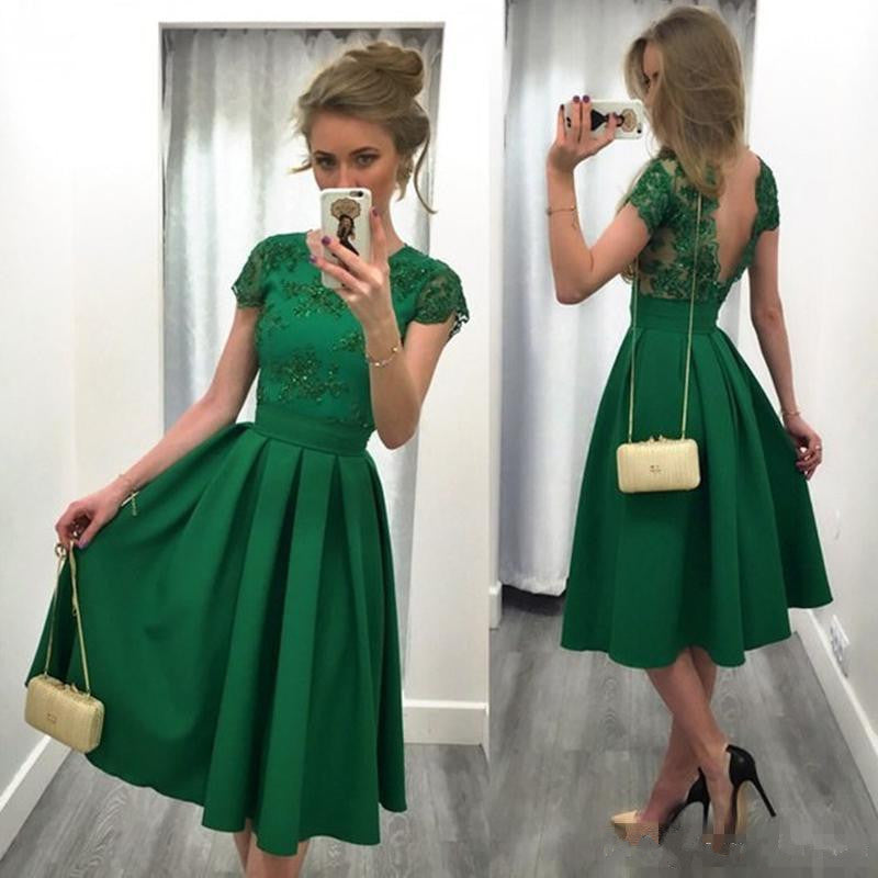 A-Line Scoop Cap Sleeve Satin Green Cocktail Party Dress With V-Back O A-Line Scoop Cap Sleeve Satin Green Cocktail Party Dress With V-Back O
