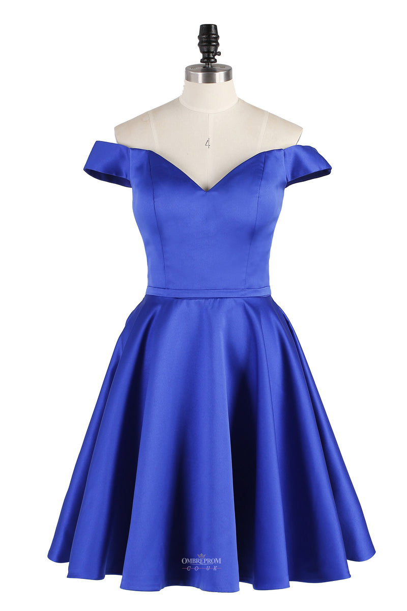 A-line Royal Blue Off-Shoulder Sweetheart Satin Short Prom Party Dress