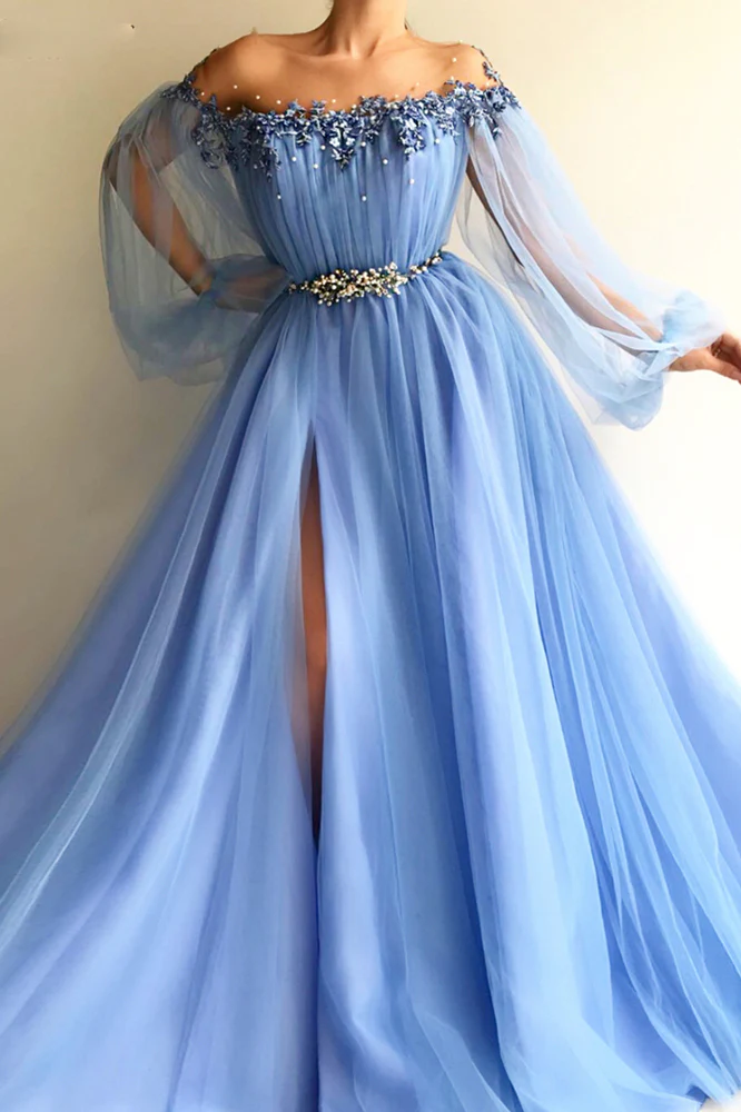 Long sleeve light blue prom cheap dress