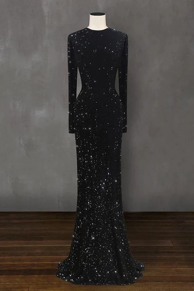 Long black elegant dress with sleeves hot sale