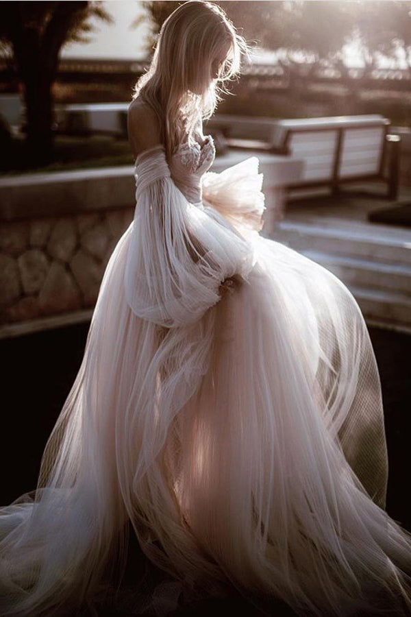 Long Sleeve Tulle Prom Dress - V-Neck, Puffy Sleeve, Floor-Length Princess Gown (White, Size 12)