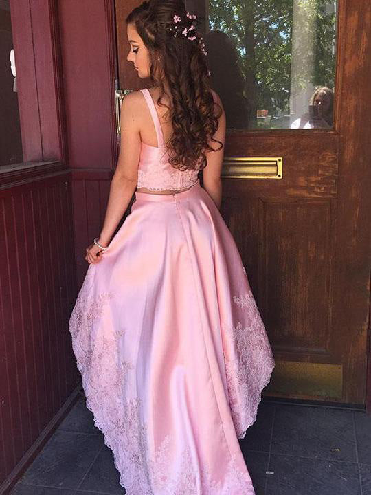 Pink Spaghetti-straps V-Neck Applique Two Pieces Hi-Lo Homecoming Dresses,  OP223