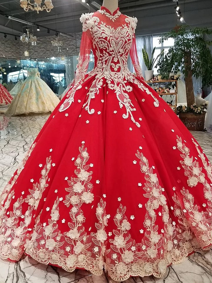 Red Quinceanera Dress Ball Gown Long Sleeves Applique Prom Dress OP437 Red Quinceanera Dress Ball Gown Long Sleeves Applique Prom Dress OP437