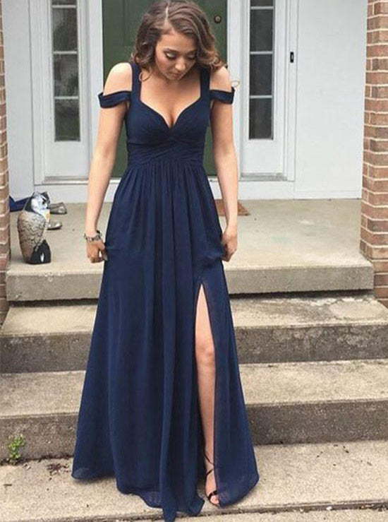 Simple A-line Navy Blue Straps Drop Sleeves Split Long Prom Dress OP33