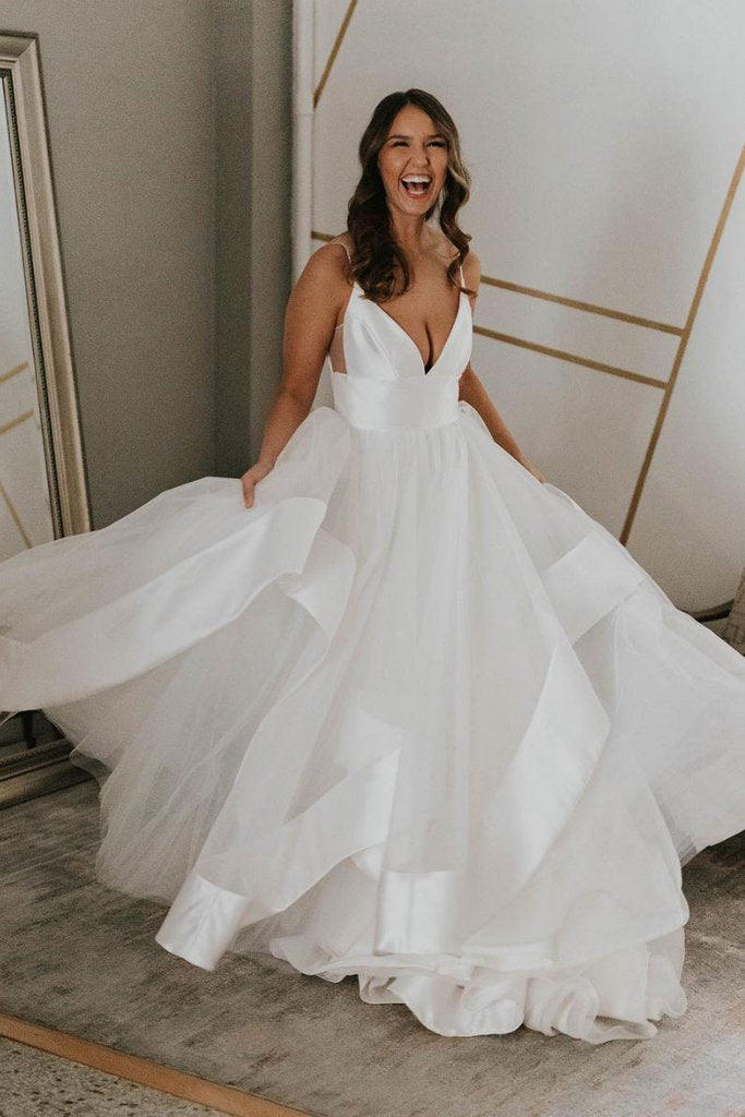 Buy Simple Wedding Dress A Line Deep V Neck Backless Bridal Gown OW392