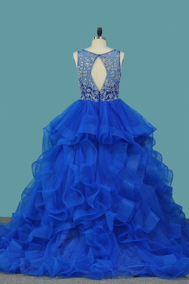 Blue Tulle Beaded Bodice Ball Gown Prom Dress Ruffles Princess Quinceanera  Dresses OP359