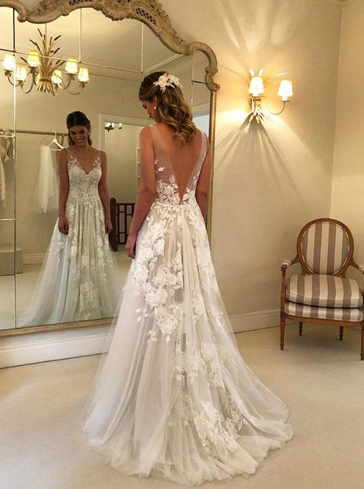 V neck Tulle Lace Appliques Long Beach Backless Wedding Dress OW333 V neck Tulle Lace Appliques Long Beach Backless Wedding Dress OW333