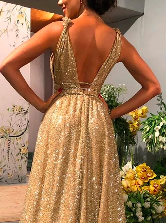 Chic A-line Gold Sparkly V neck Long Prom Dress Evening Dress Chic A-line Gold Sparkly V neck Long Prom Dress Evening Dress