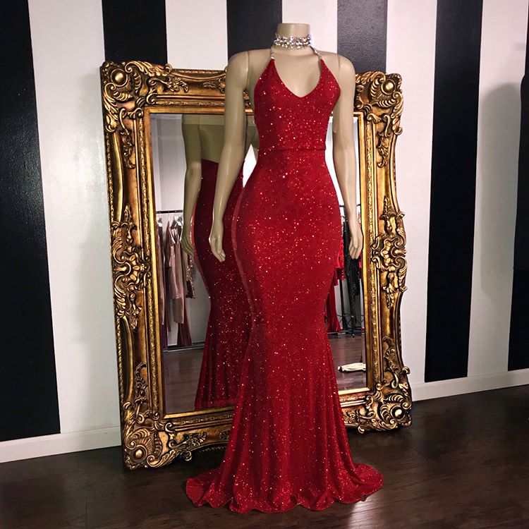 Long red clearance sequin prom dress