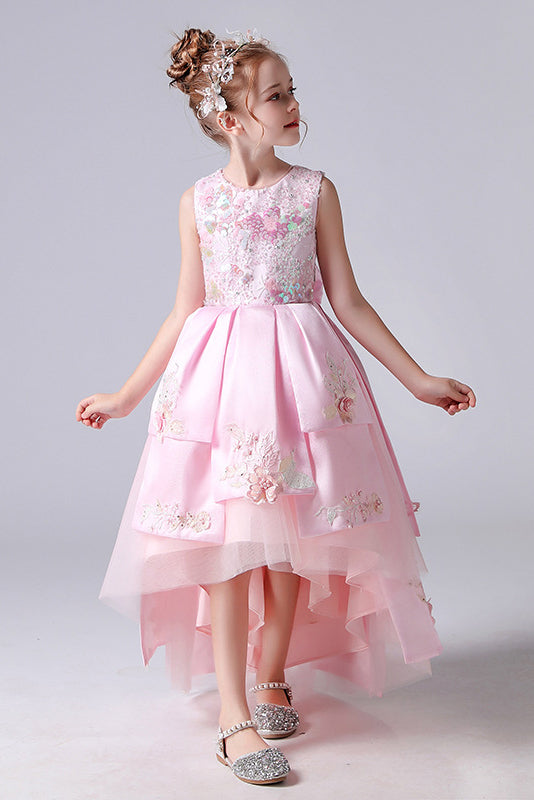 Pink Round Neck Sleeveless Flower Girl Dress With Appliques