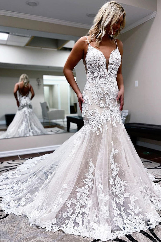 lace mermaid wedding dress uk Mermaid V Neck Lace Wedding Dresses with Appliques N111