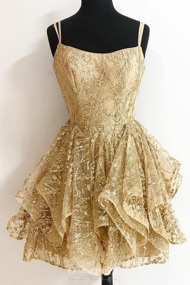 A-line Sequins Gold Short Prom Dresses Glitter Cocktail Party Dress