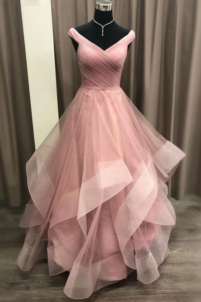 Pink Tulle Lace Off-the-Shoulder Ruffles Tiered Long Prom Dress –  Dreamdressy