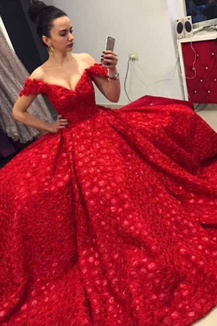 Off the shoulder on sale red ball gown