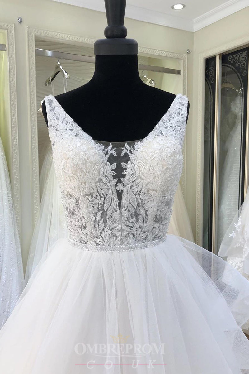 Trendy Deep V Neckline Foral Appliqued Plus Wedding Gown TWA4602 main image 1