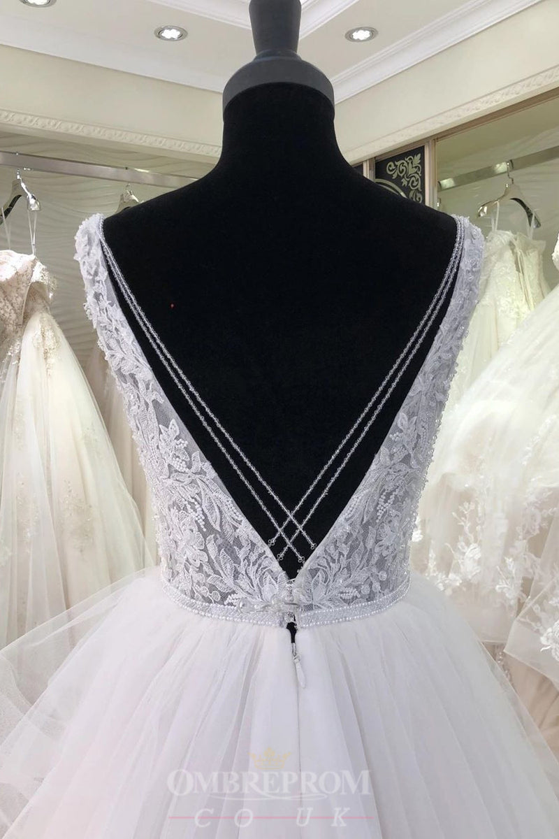 V Neck White Lace Appliques Wedding Dress