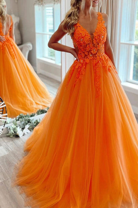 A-line V Neck Tulle Prom Dress With Appliqued Beading