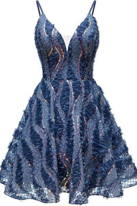 Dark Navy Sequins Spaghetti Straps V Neck Homecoming Dress