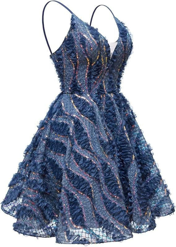 Dark Navy Sequins Spaghetti Straps V Neck Homecoming Dress