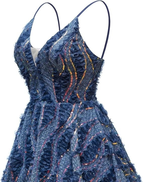 Dark Navy Sequins Spaghetti Straps V Neck Homecoming Dress