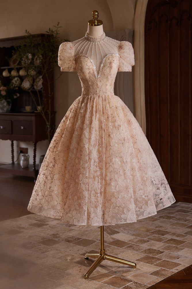knee length dresses for ladies A-line V-neck Short Prom Dress Vintage Lace Short Homecoming Dresses DTH265  – DressTok.co.uk main image 1