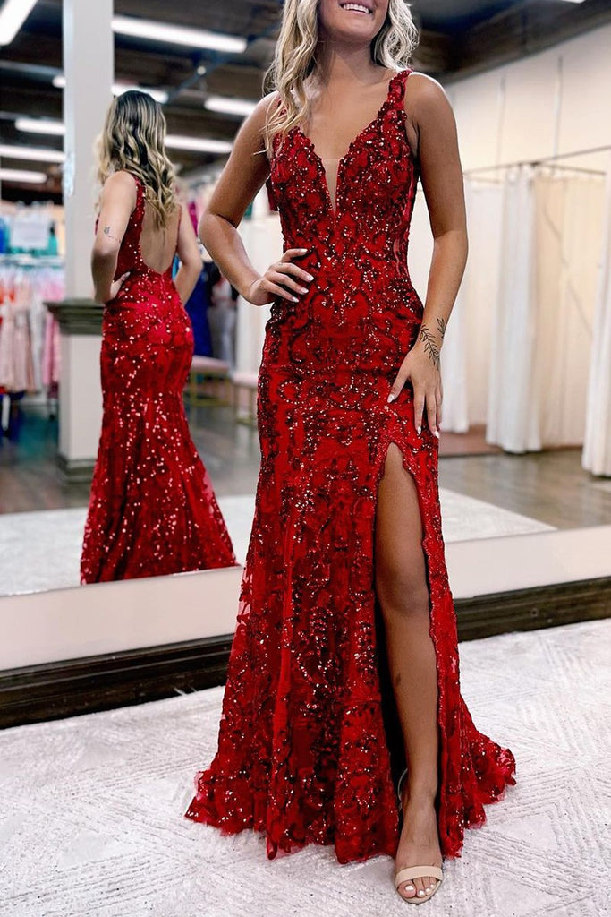 Red Gorgeous V-neck Straps Bodice Evening Gown Prom Dress with Slit