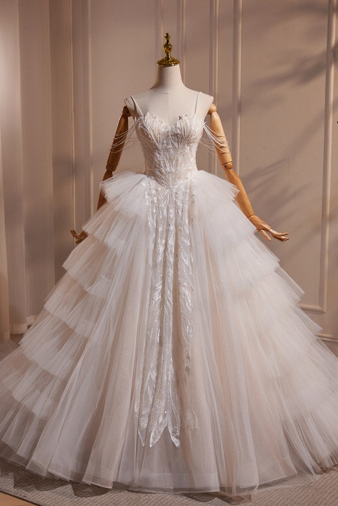 layered tulle skirt wedding dress Ivory Lace Tulle Wedding Dresses with Spaghetti Straps, V-Neck & Tiere –  vigocouture main image 1