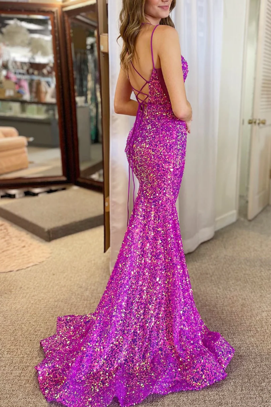 Mermaid Spaghetti Straps Sparkly Sequined Prom Dress