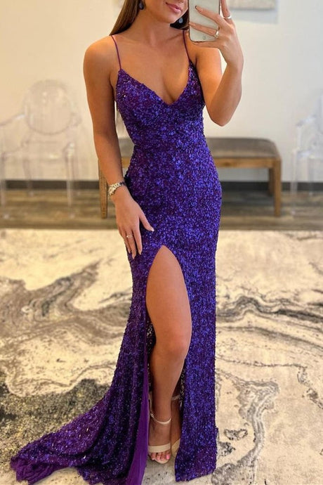 Mermaid V Neck Sparkly Sequined Prom Dress With Split