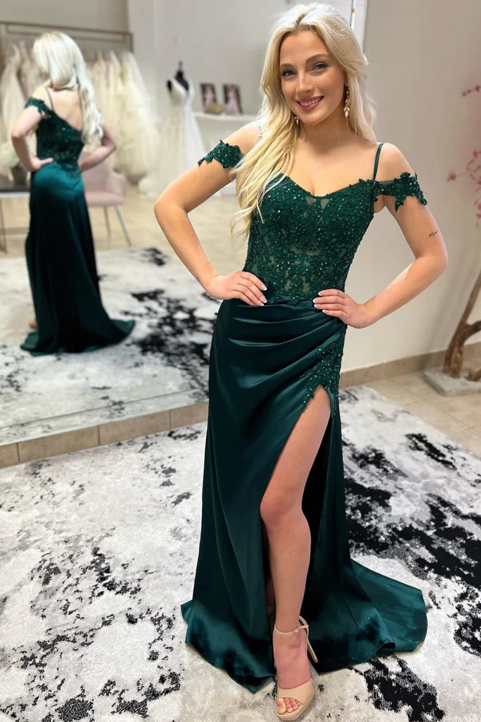 Off the Shoulder Dark Green Lace Beaded Long Prom Dress with Slit