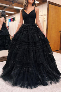 Sparkly Black A-line Straps Prom Dress Tulle Evening Gown