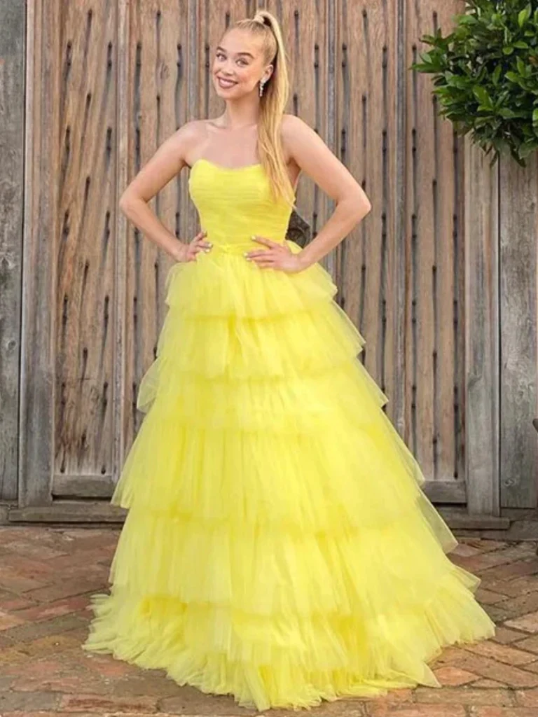 Yellow Sweetheart Layered Long Tulle Prom Dress