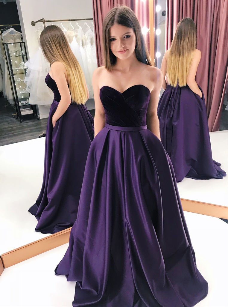 Buy Elegant Purple Satin Sweetheart Long Prom Dresses With Pockets