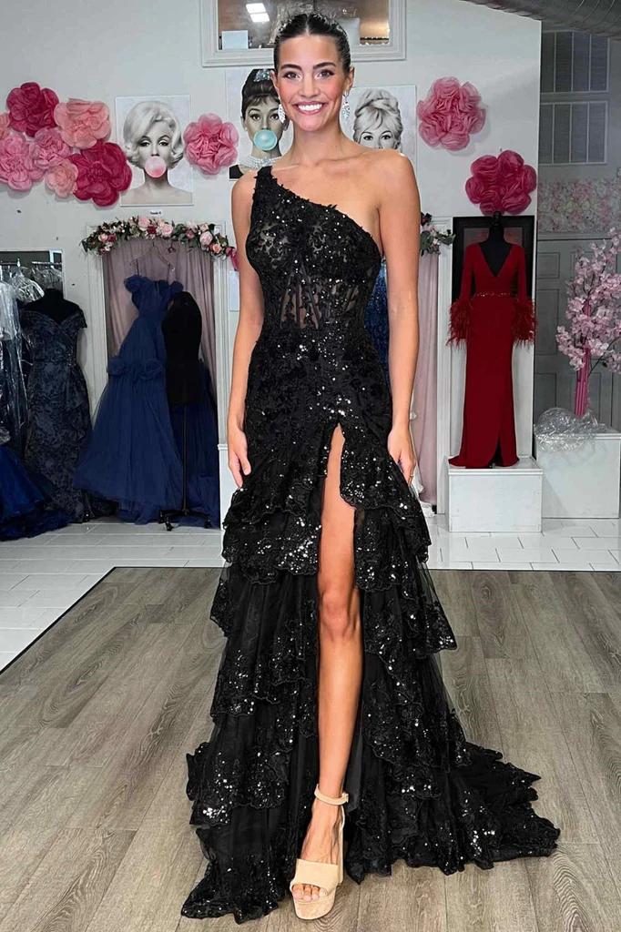 One Shoulder Layered Lace Long Prom Dress with High Slit