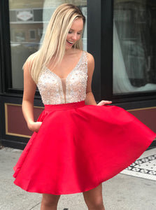 A-Line Red Short Prom Dress With Pockets, Beading Dresses For Graduation Party OM342