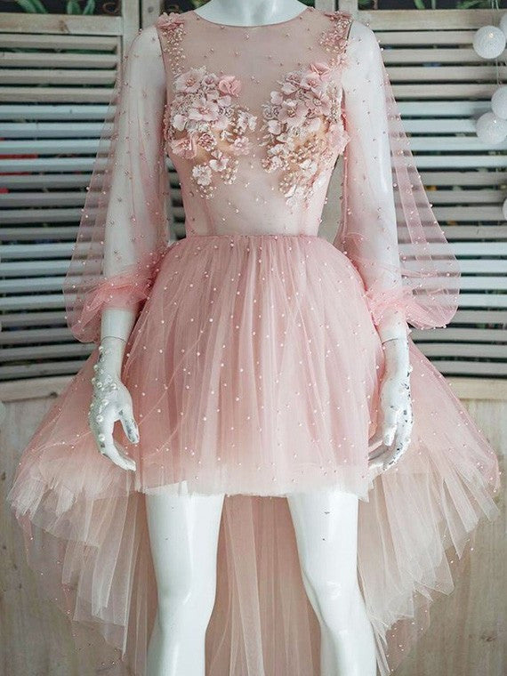 Princess Puff Sleeves Hi-Lo Appliques Pink Homecoming Dress With Pearl Princess Puff Sleeves Hi-Lo Appliques Pink Homecoming Dress With Pearl