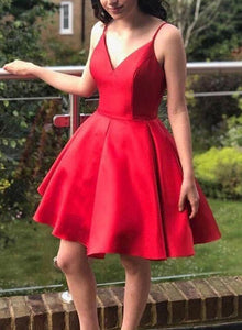 Simple Red Short Prom Dress V Neck Satin Homecoming Dress OM355