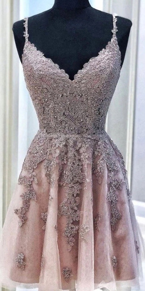 A-line Spaghetti-straps V Neck Homecoming Dress, Lace Short Prom Dress OM363