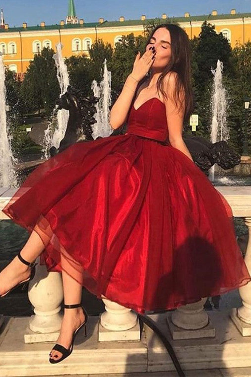 Sweetheart Red Tea Length Prom Dresses Homecoming Dress OM350