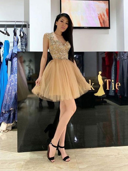 A Line Tulle Short Prom Homecoming Dresses With Appliques OM348