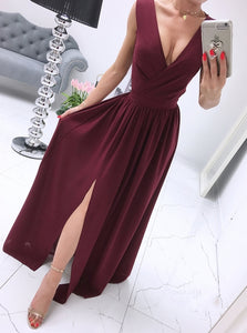 A-line V-neck Chiffon Burgundy Long Prom Dress, Evening Dress With Split OP880