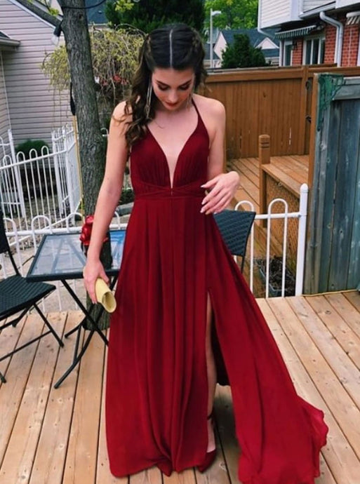 Simple Spaghetti V-neck Chiffon Red Long Prom Dress With Split OP882