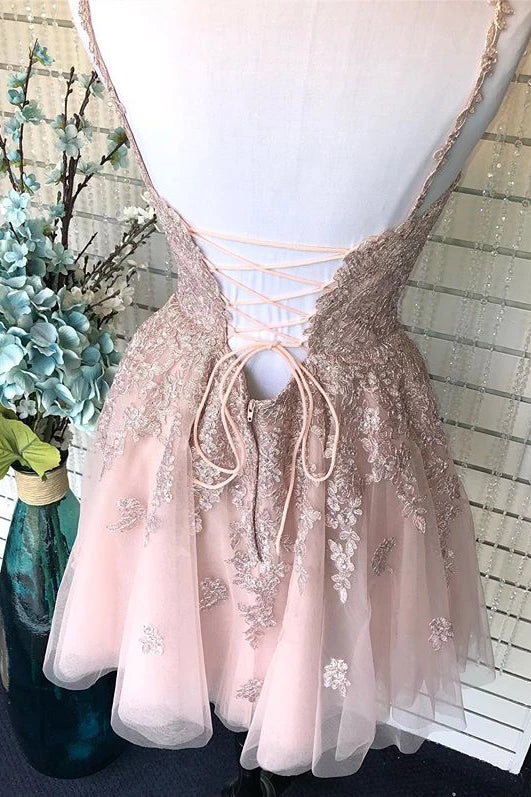 A-line Spaghetti-straps V Neck Homecoming Dress, Lace Short Prom Dress OM363