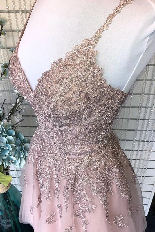 A-line Spaghetti-straps V Neck Homecoming Dress, Lace Short Prom Dress OM363