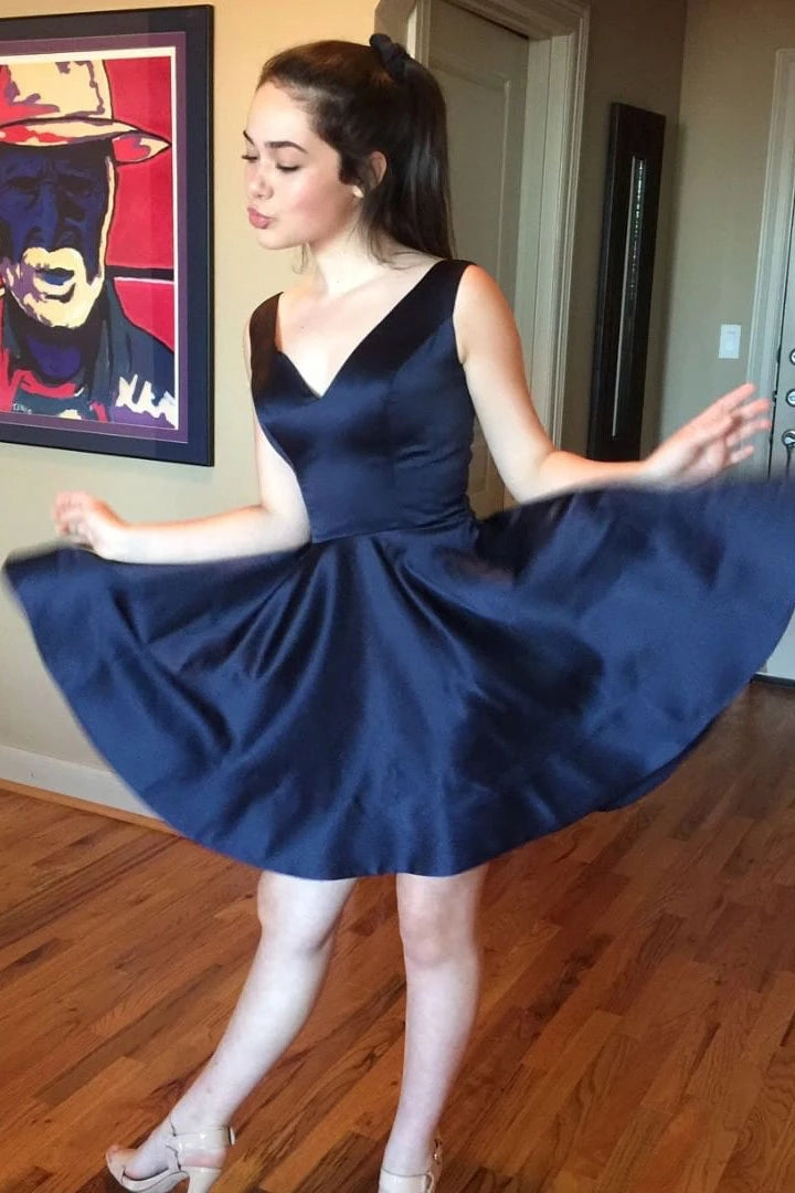 Simple Dark Navy V-neck Satin Short Prom Dress Homecoming Dress