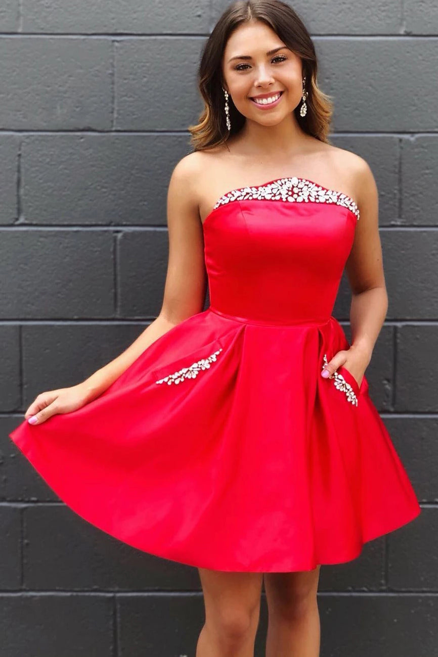 Strapless Homecoming Dress, Fuchsia Short Prom Dress With Beading Pockets OM476